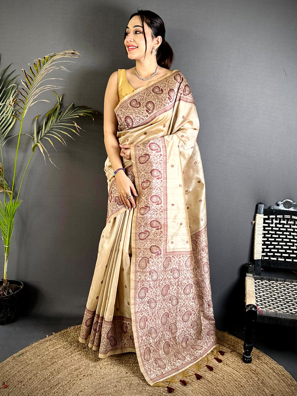 Maroon Floral Katha Ghicha Silk Saree