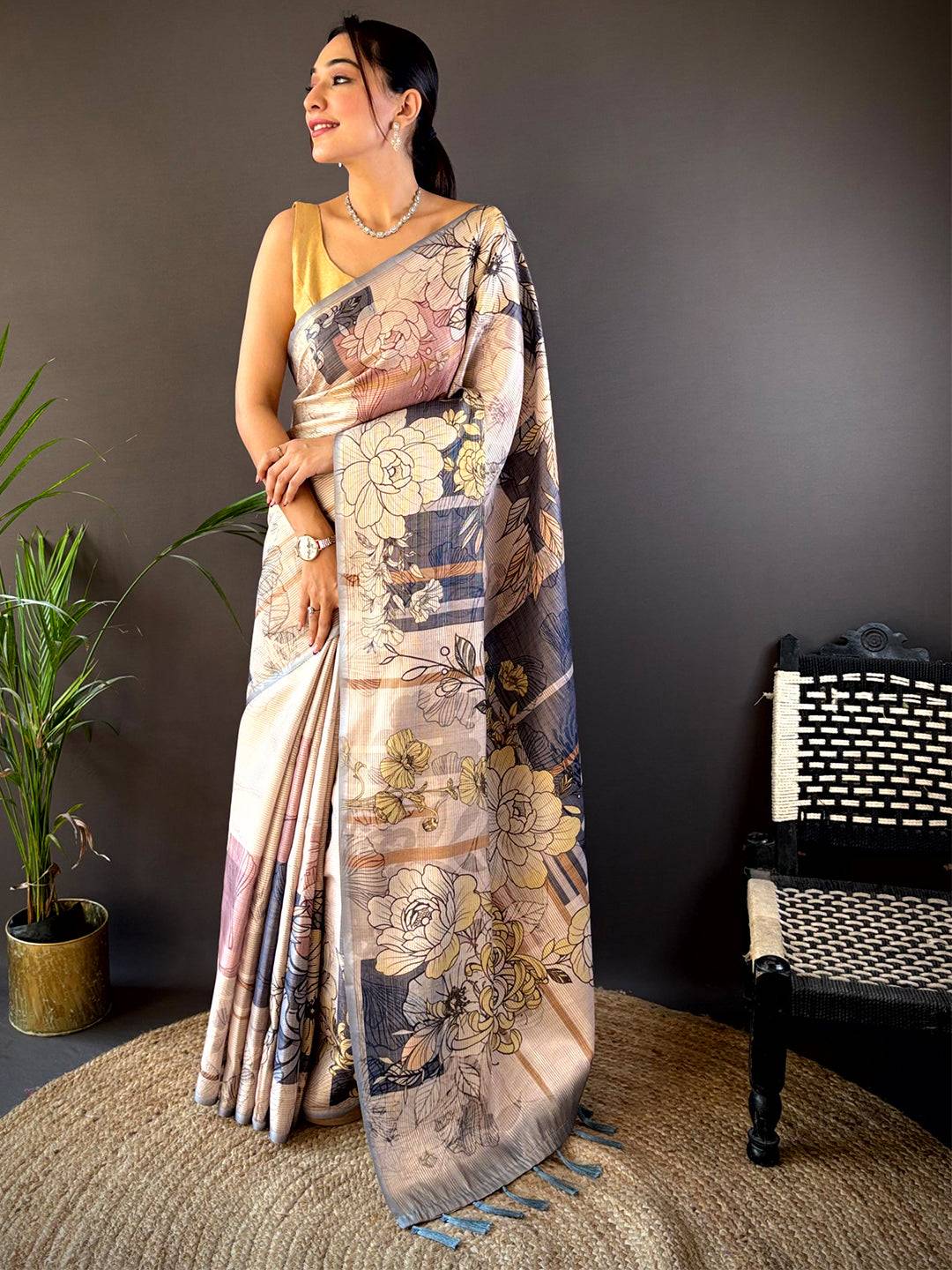 Stone Blue Tussar Floral Saree