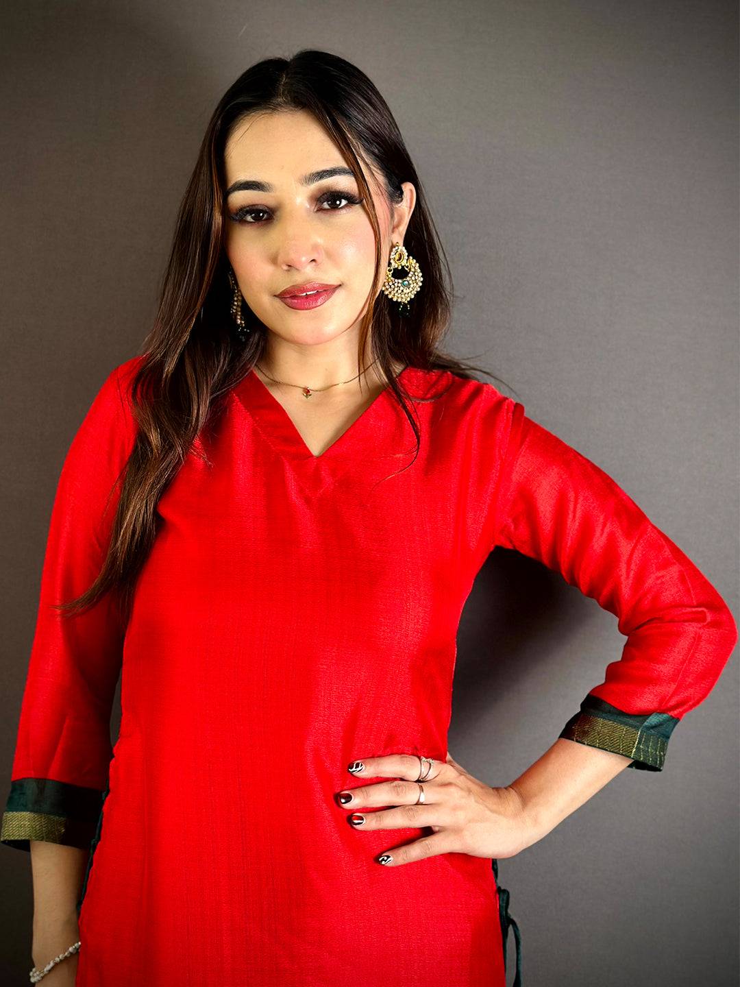 Red Soft Kota Crepe V Neck Kurti