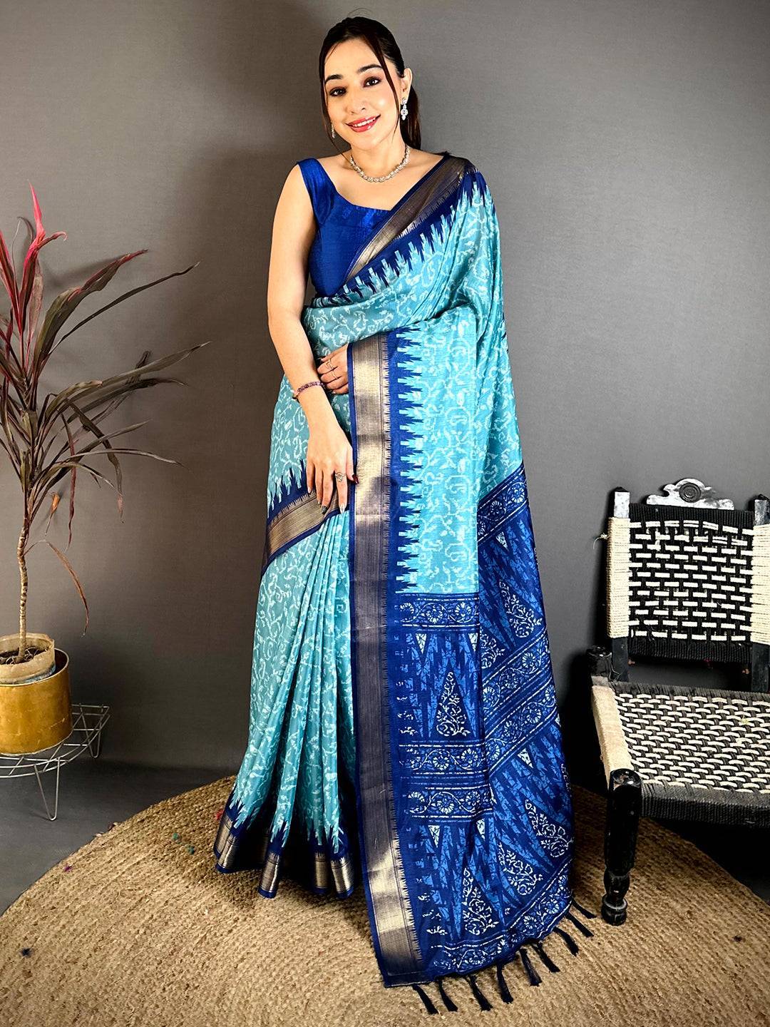 Sky Blue Pearl Ikkat Dola Silk Saree