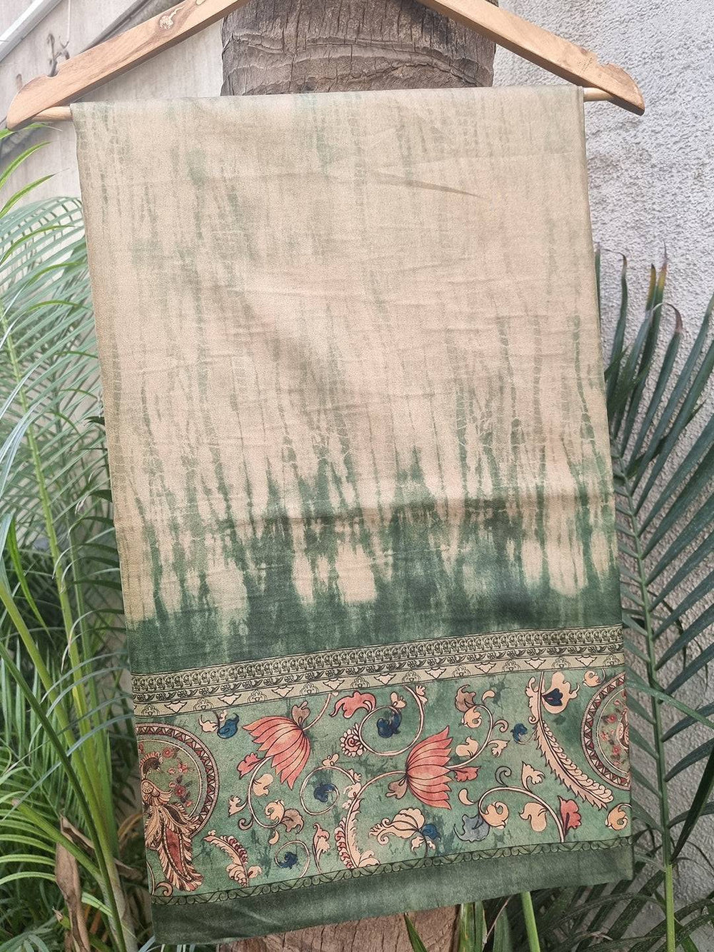 Green Tussar Silk Saree with Batik and Kalamkari Border