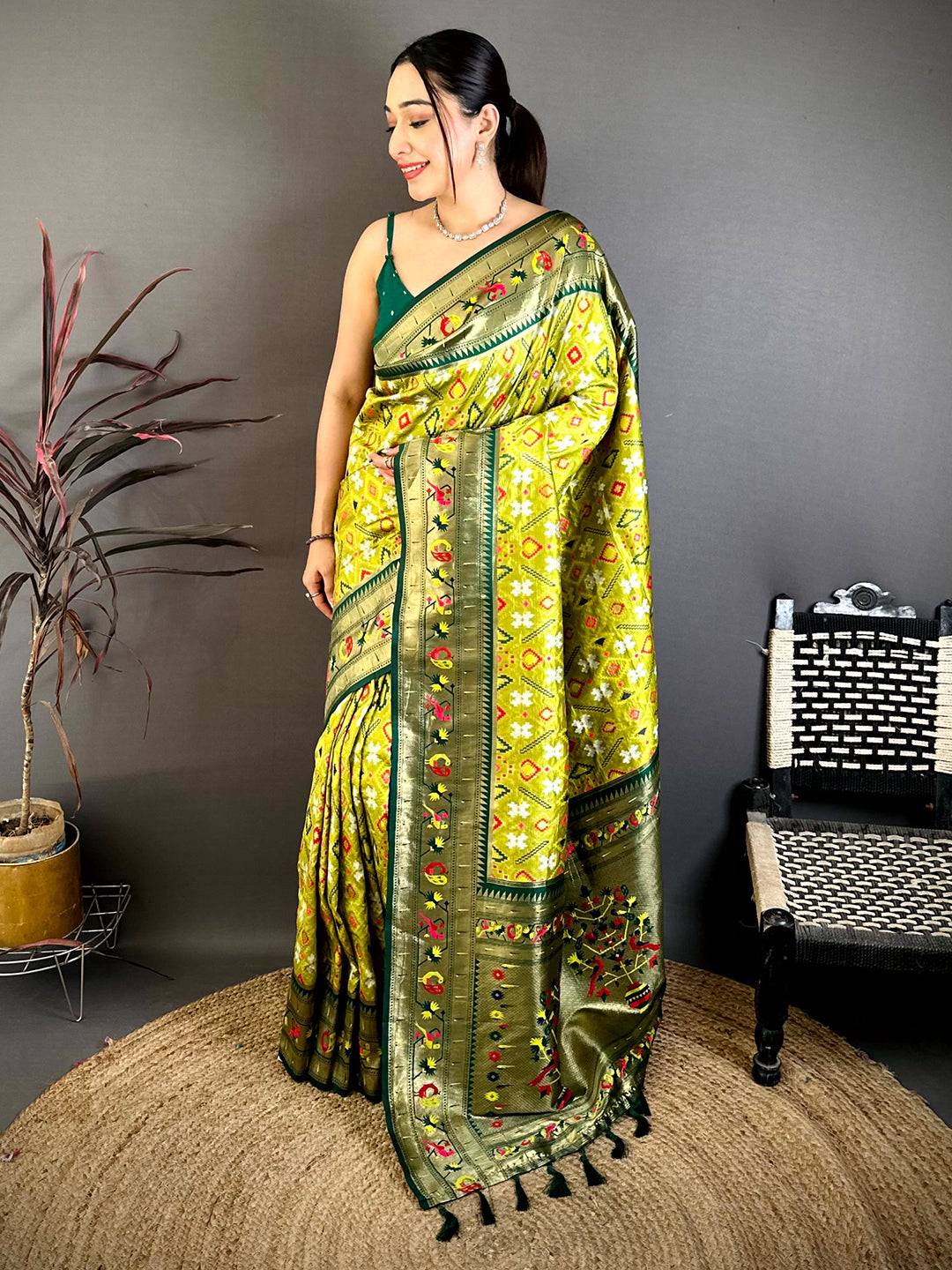 Lime Green Patola Silk Zari Weaving Saree