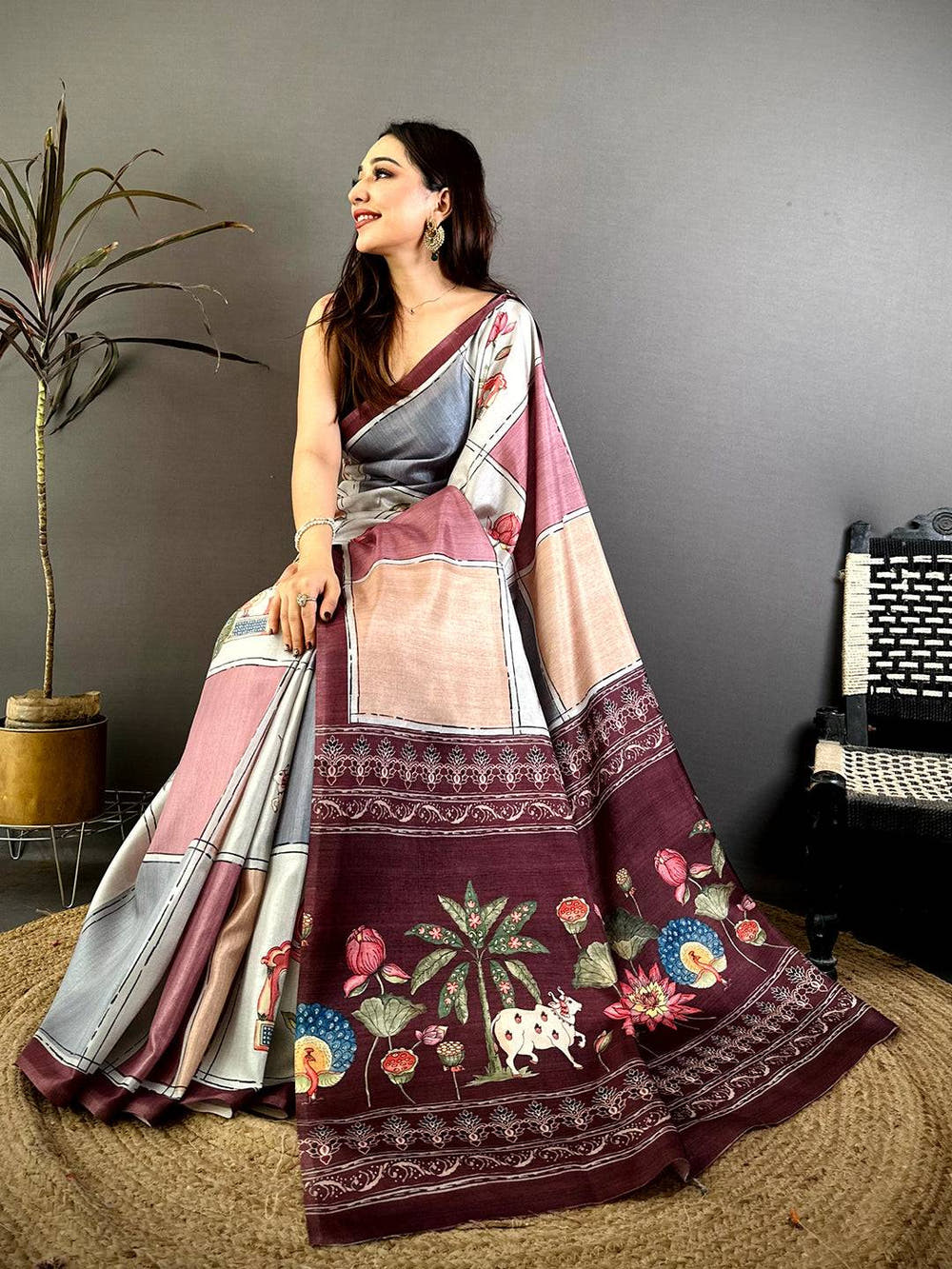 Artisan Tussar Contrast Kalamkari Pallu Saree
