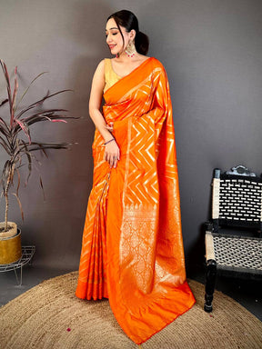 Orange Geometric Zari Weave Banarasi Saree