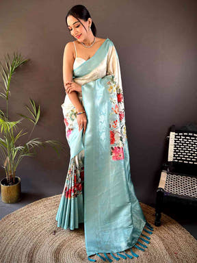 Ivory Kanjivaram Digital Silk Saree