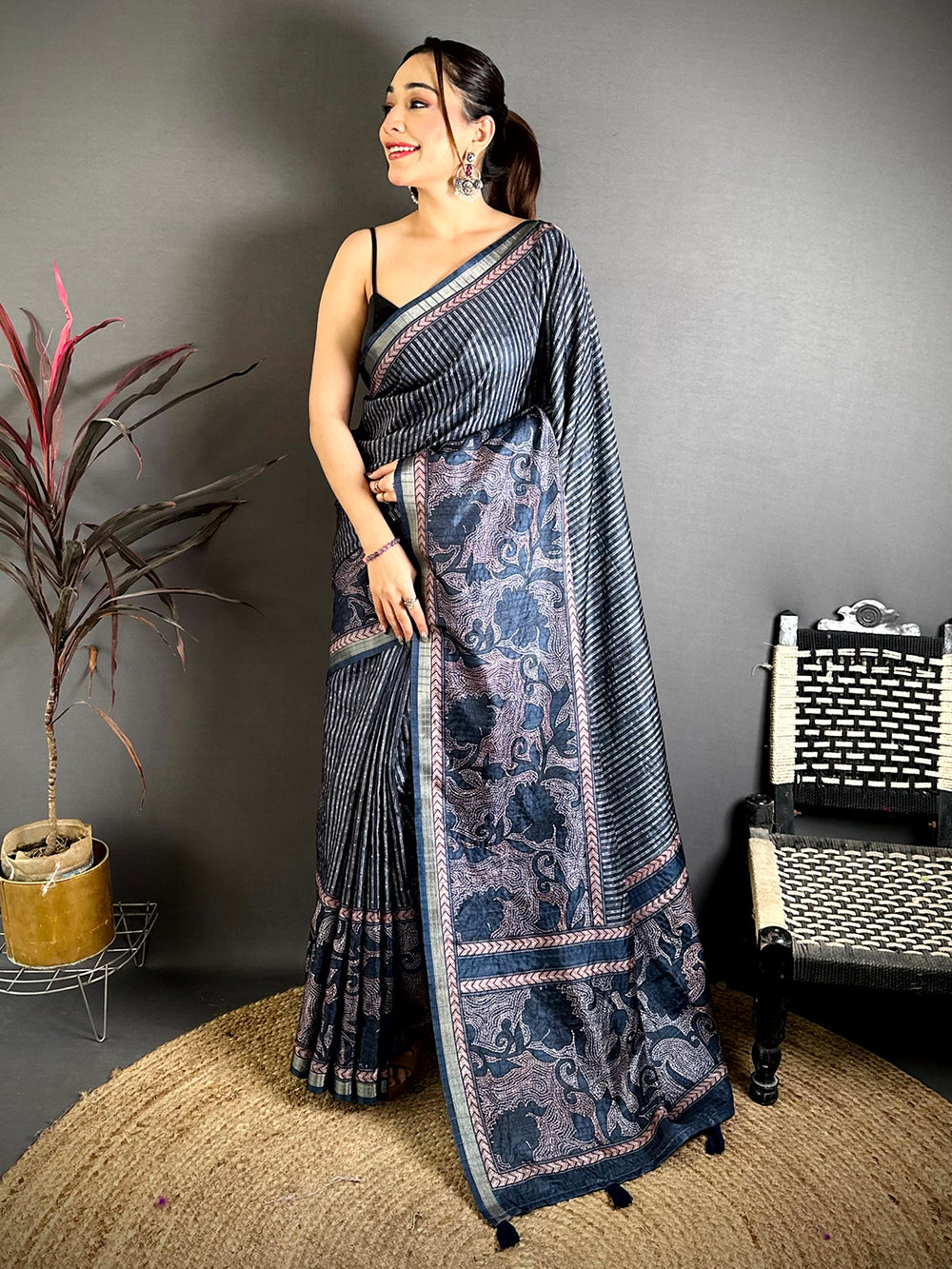 Indigo Blue Digital Katha Work Saree