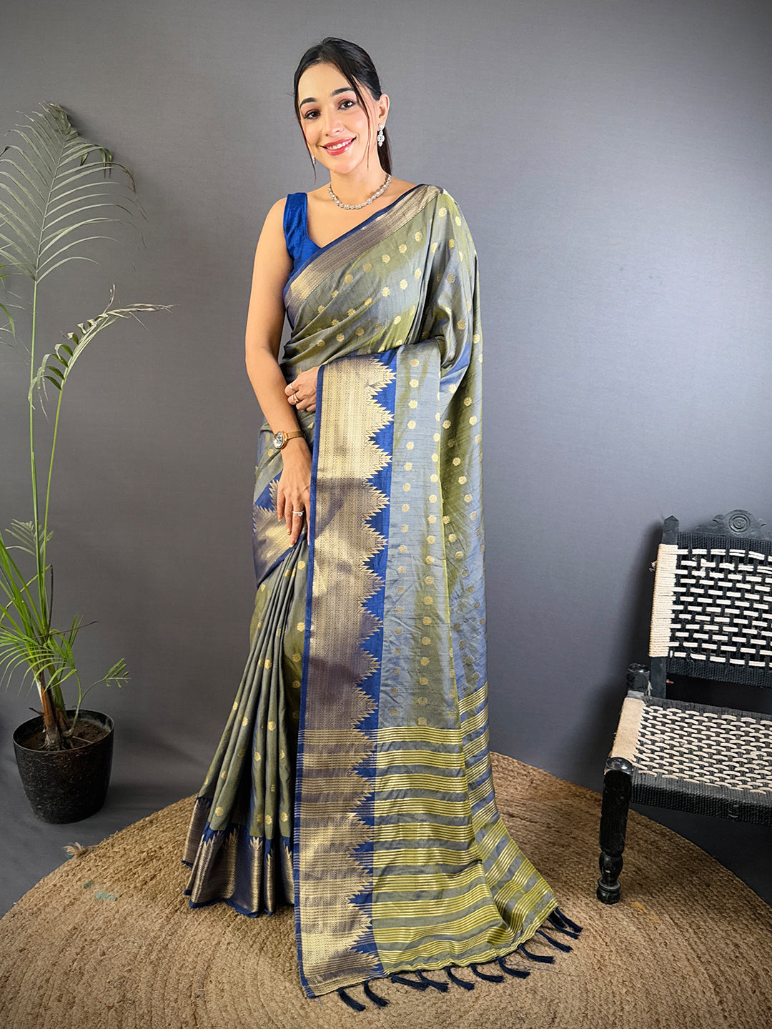Grey Hand Dyed Raw Silk Saree
