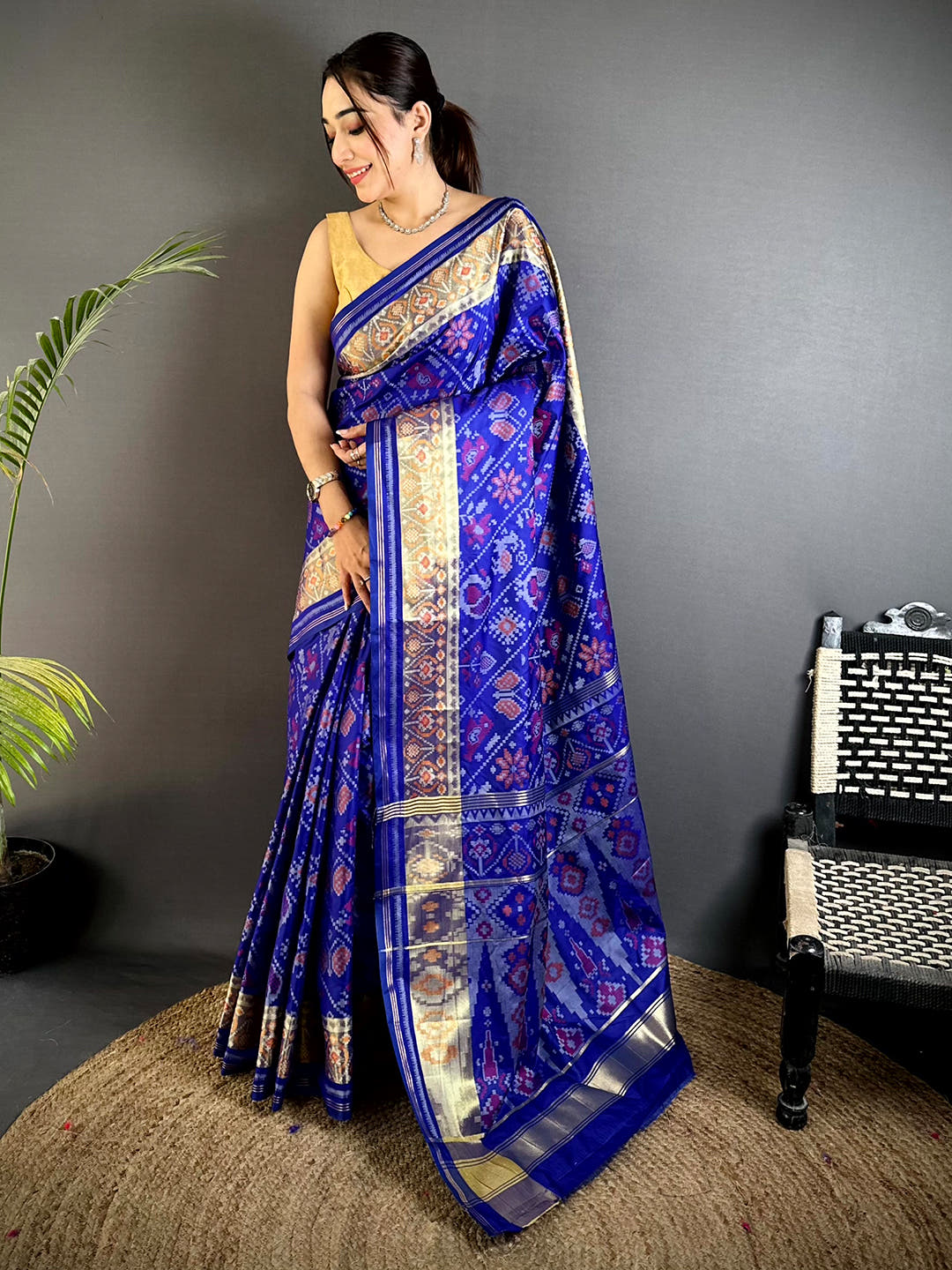 Blue Double Ikkat Heritage Saree With Maggam Blouse