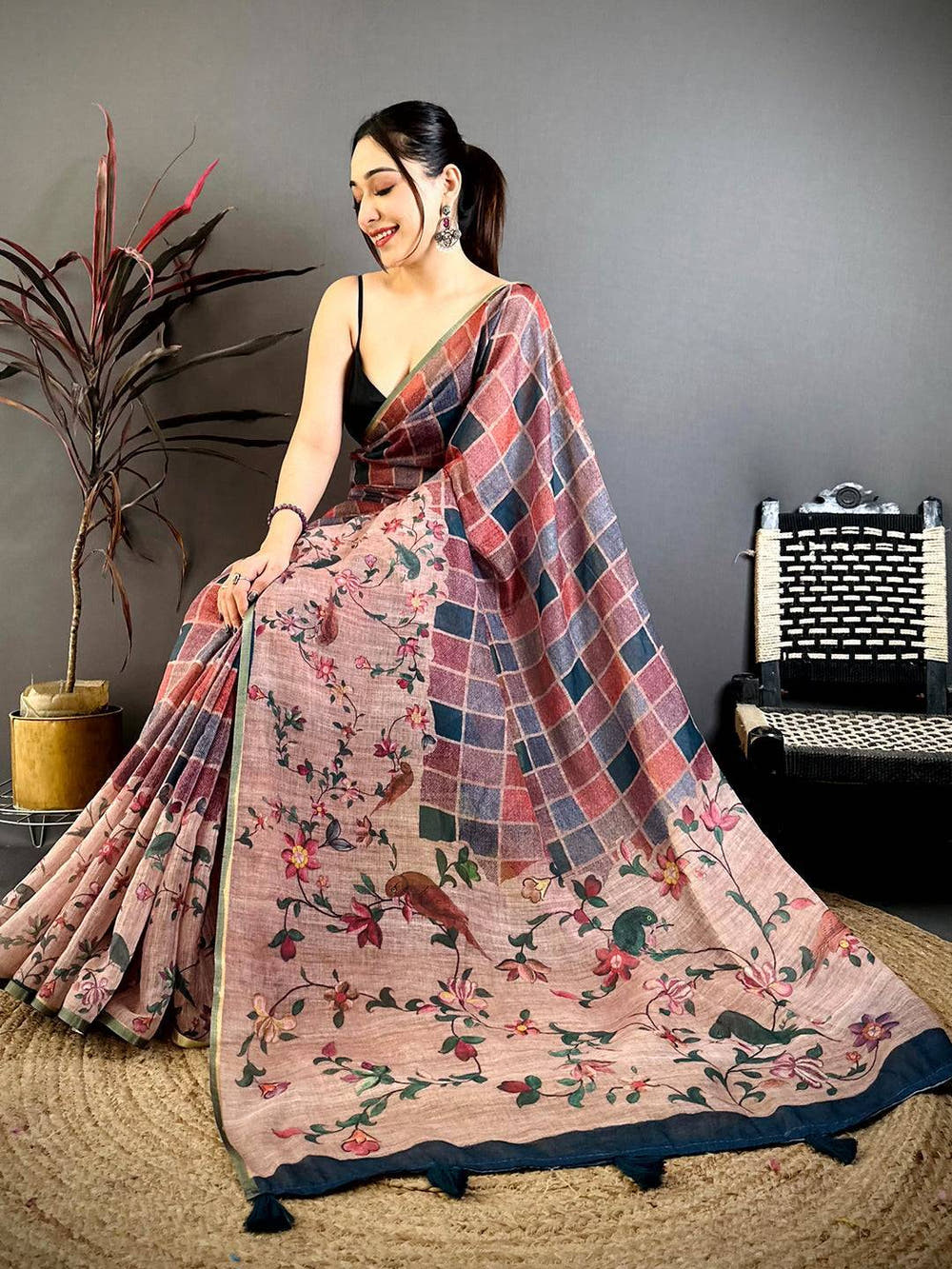 Classic Multicolor Block Print Linen Saree