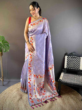 Lavender Silk Blend Woven Zari Work Paithani Saree

