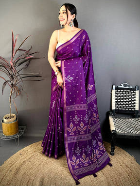 Purple Tussar Ghicha Weave Print Saree