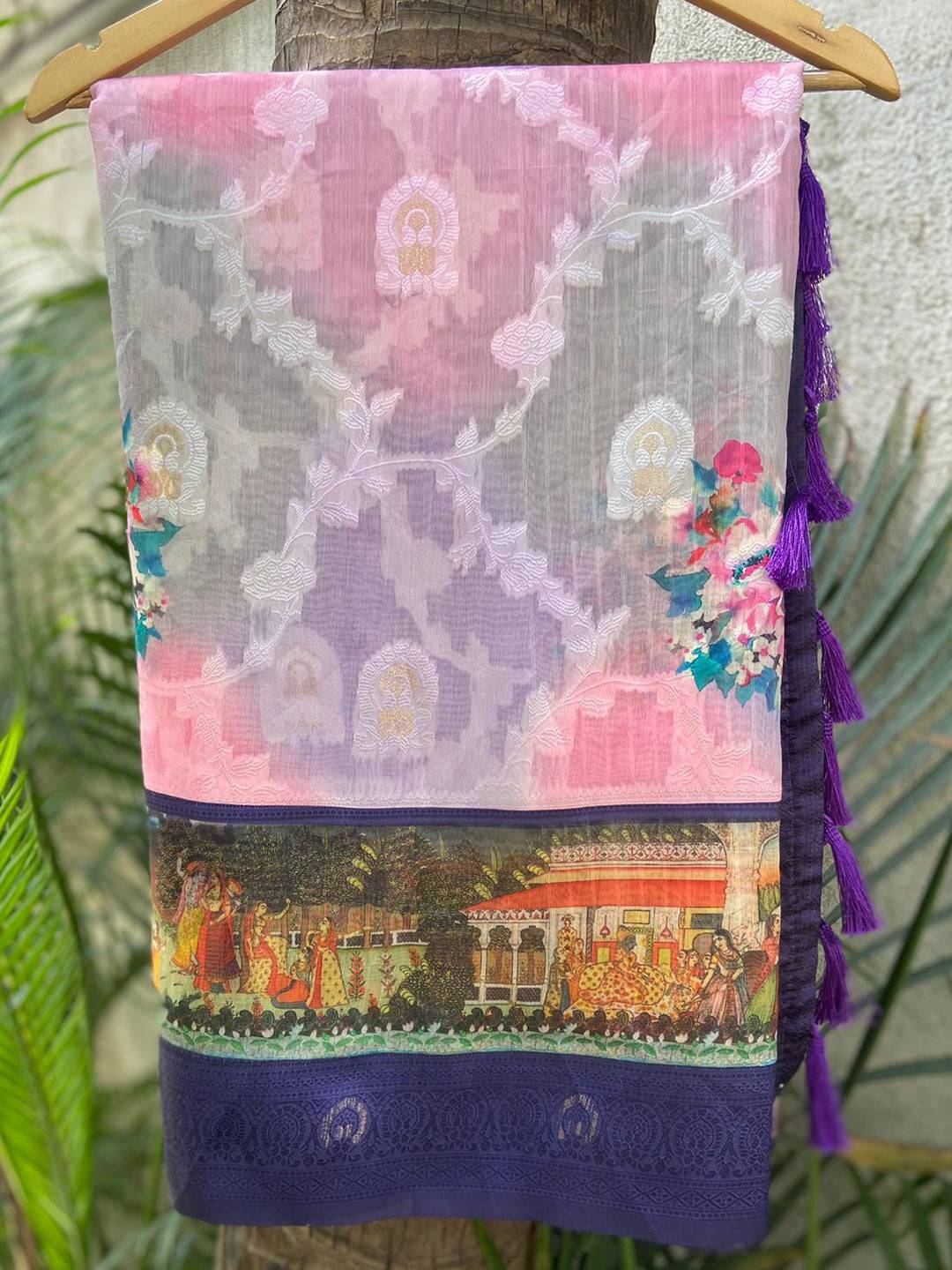 Purple Lakhani Kalamkari Print Saree with Rich Pallu