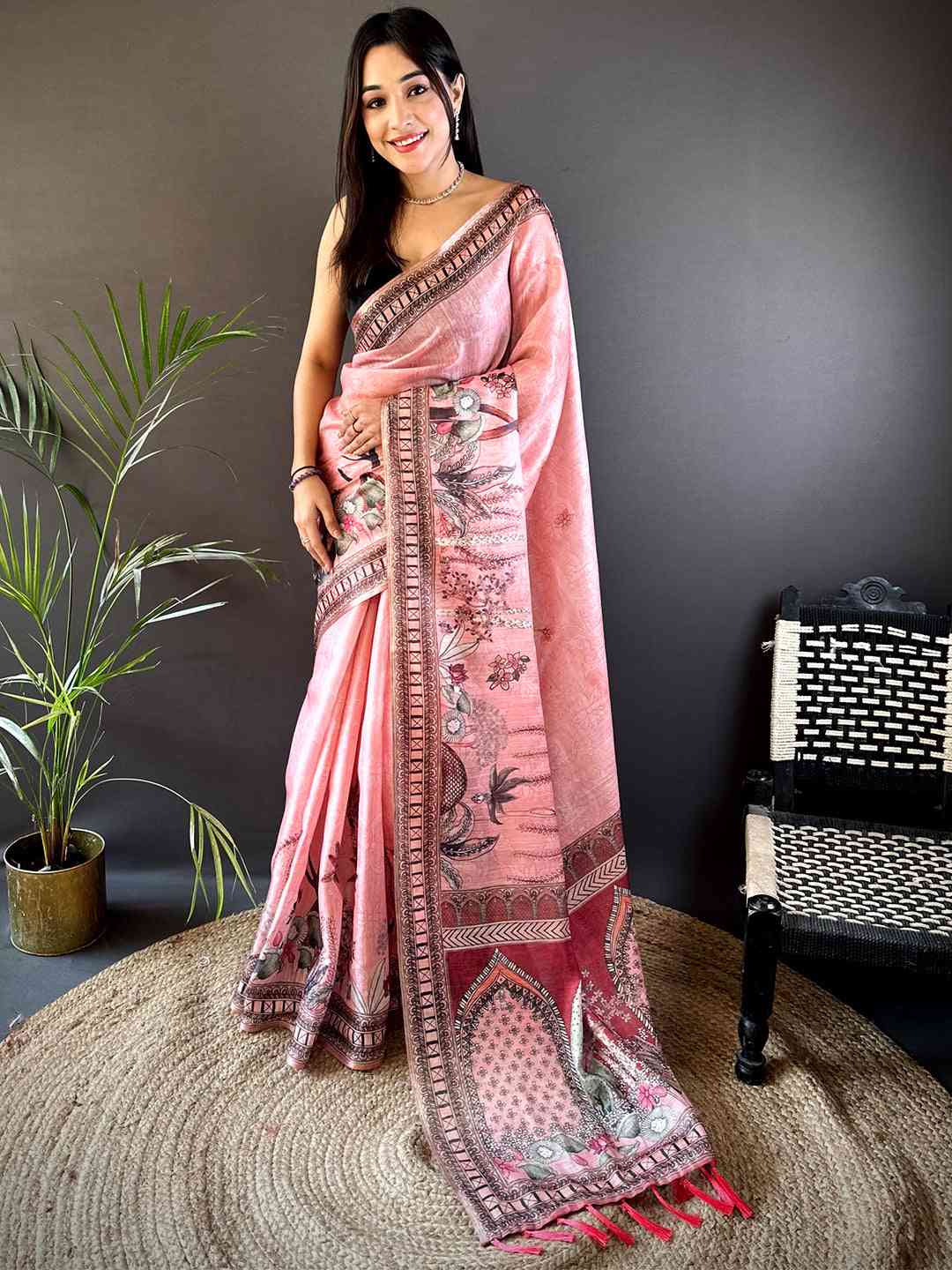 Blush Pink Tussar Floral Leaf Print Saree