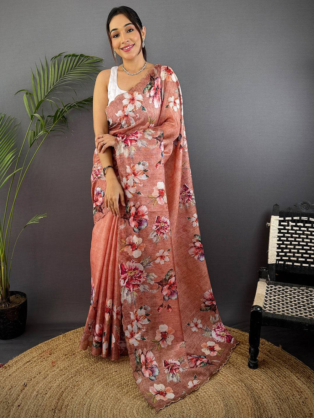 Peach Kota Doriya Floral Cut Work Saree