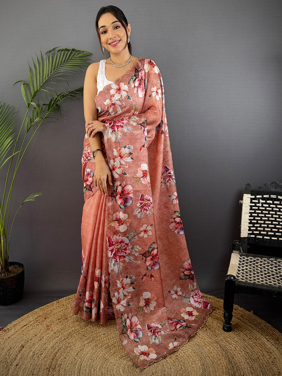 Peach Kota Doriya Floral Cut Work Saree