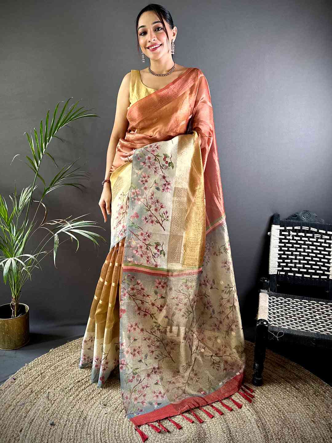 Red Ombre Zari Tissue Digital Print Saree