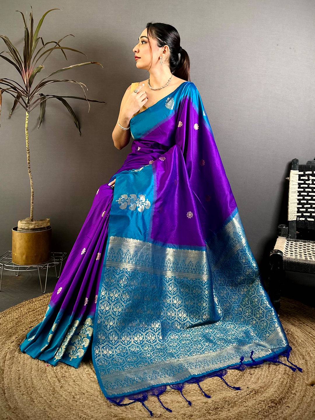 Purple Silk Contrast Patta Border Saree