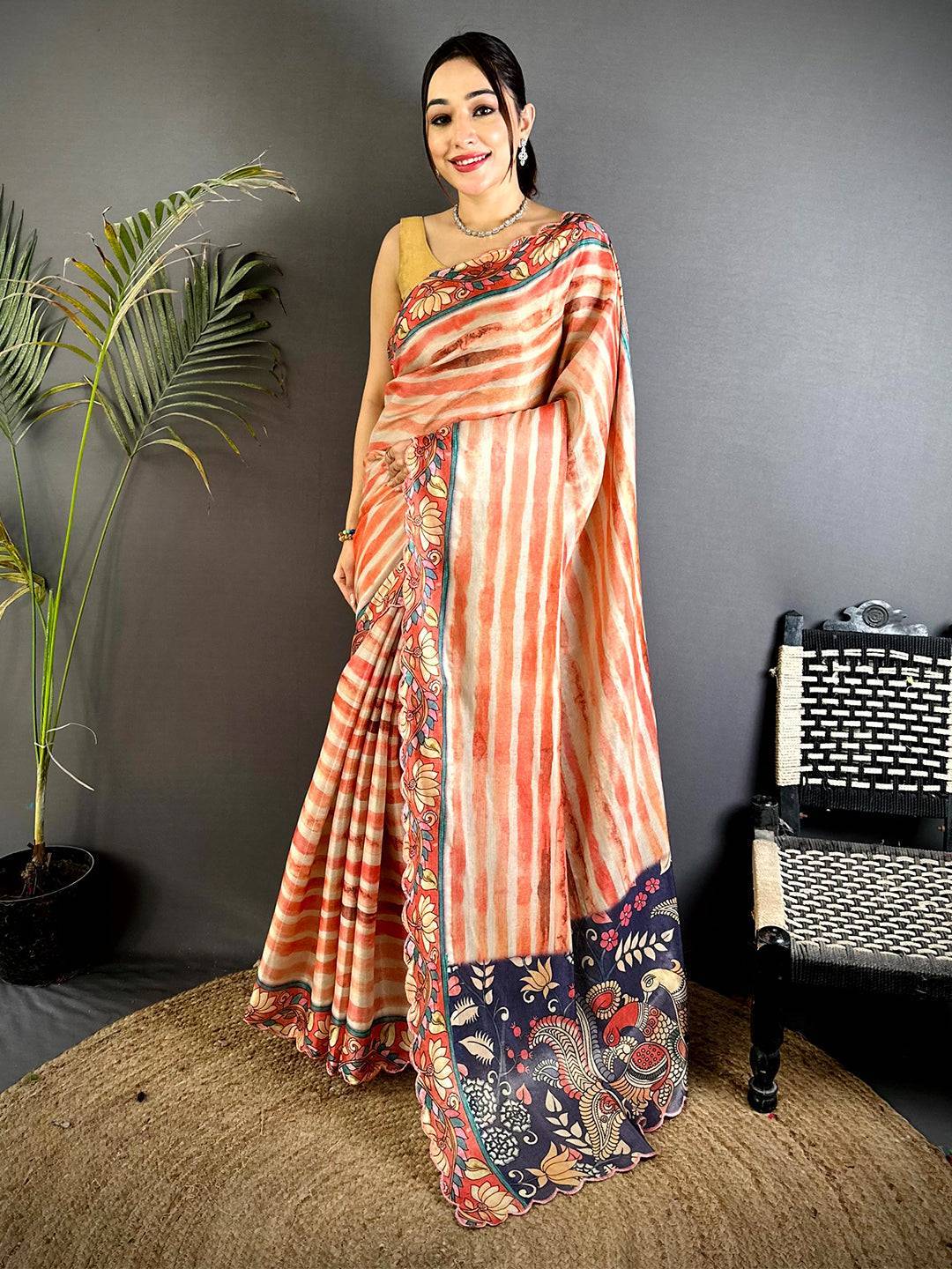 Stylish Pen Kalamkari Shibori Cutwork Saree

