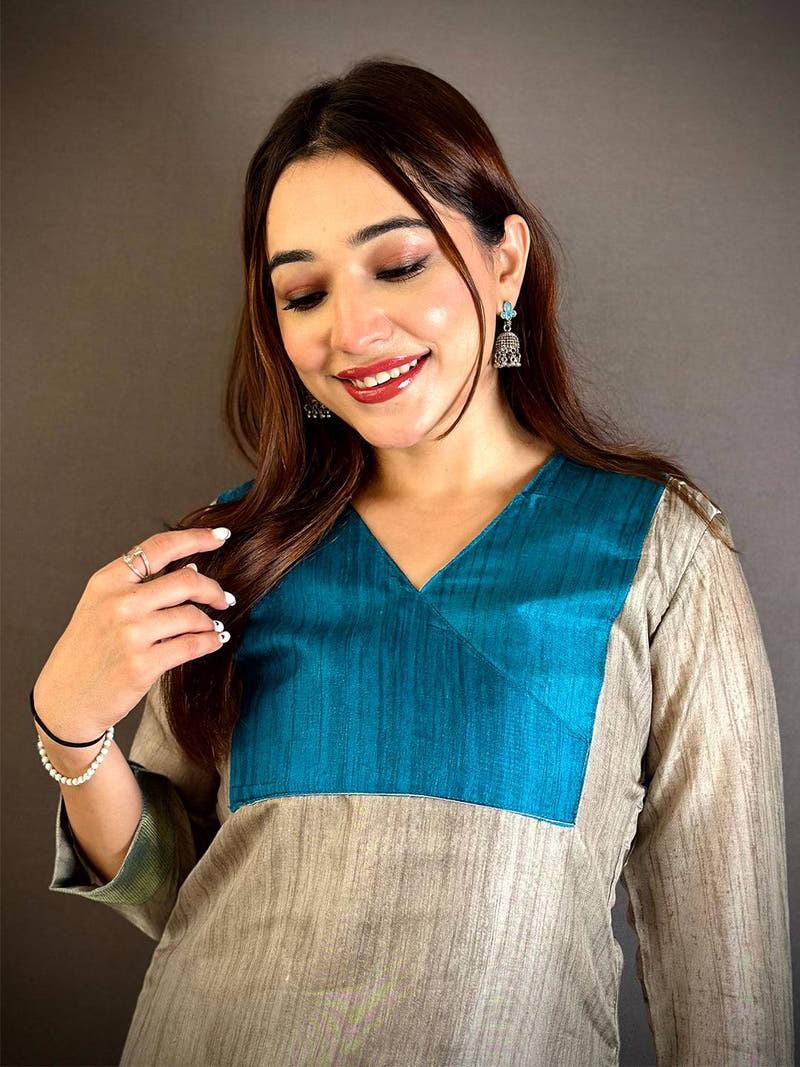 Elegant Soft Dola Silk V-Neck Flared Kurti