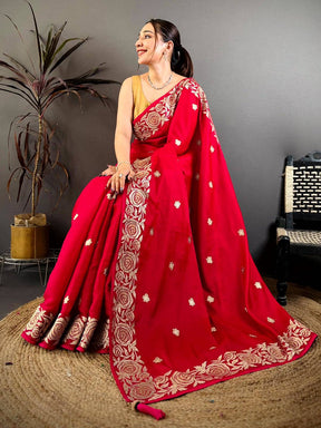 Red Aari Jhalar Tussar Satin Saree
