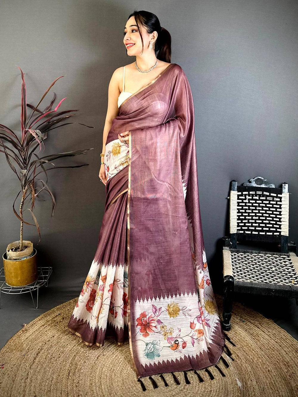 Wine Floral Ikat Linen Chanderi Saree