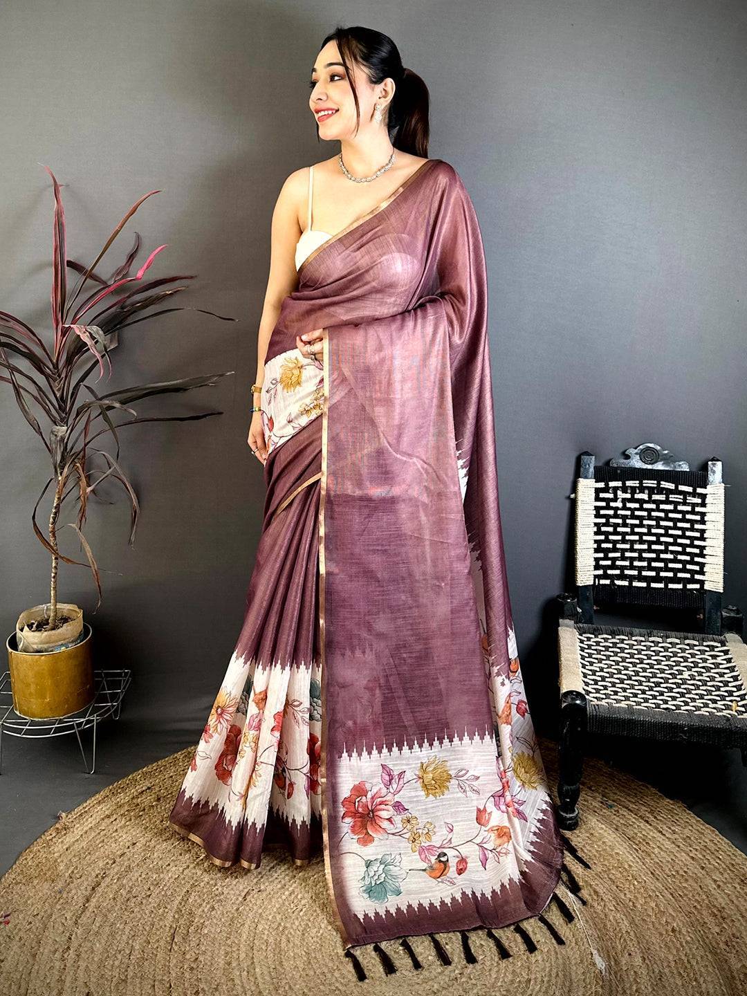 Wine Floral Ikat Linen Chanderi Saree