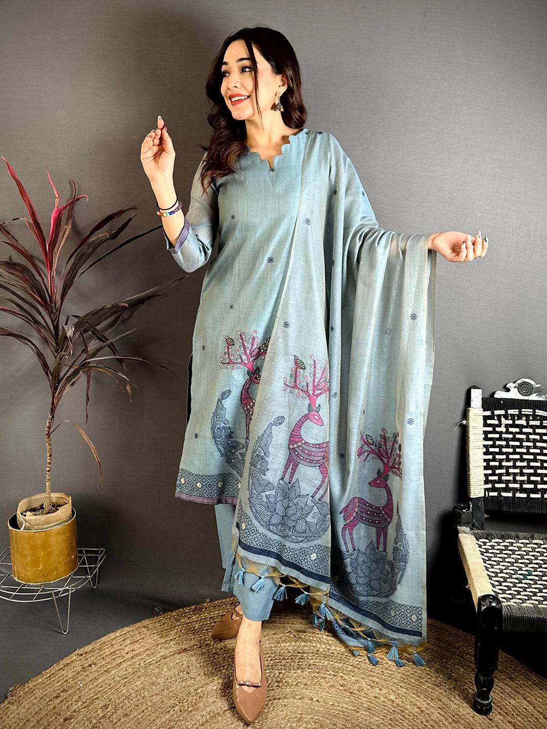 Royal Steel Blue Floral Suit Set