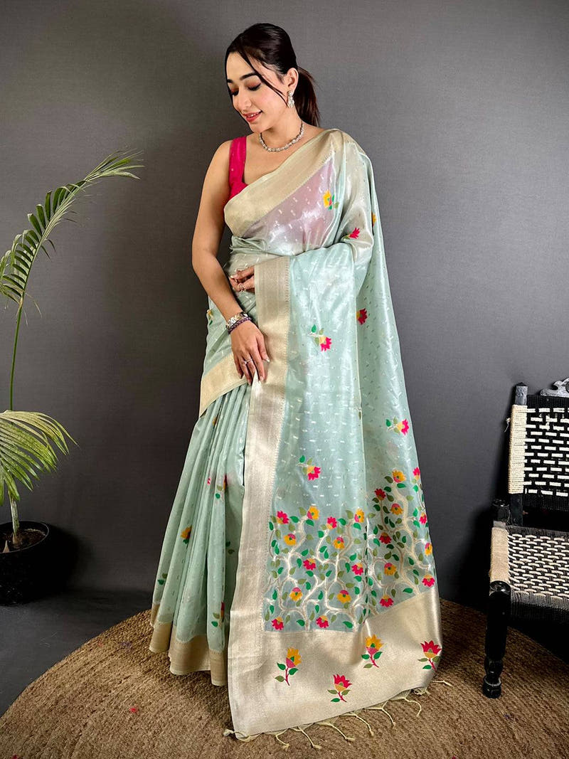 Mint Green Soft Organza Paithani Saree With Maggam Blouse