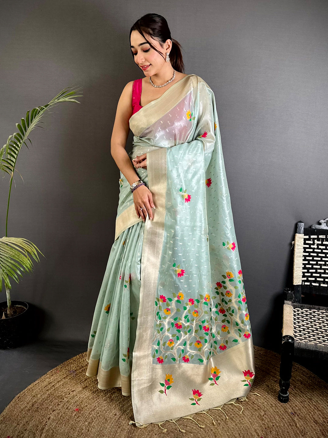 Mint Green Soft Organza Paithani Saree With Maggam Blouse