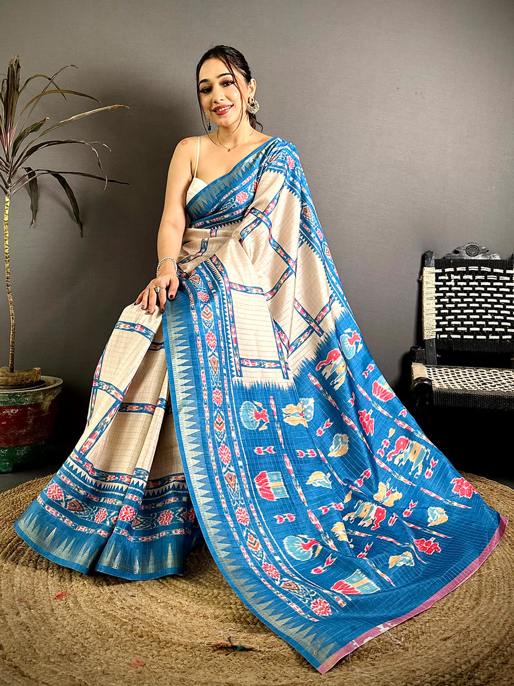 Sky Blue Meenakari Ikkat Print Tussar Saree