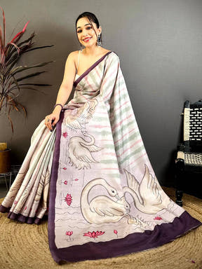 Stylish Soft Tussar Swan Print Saree
