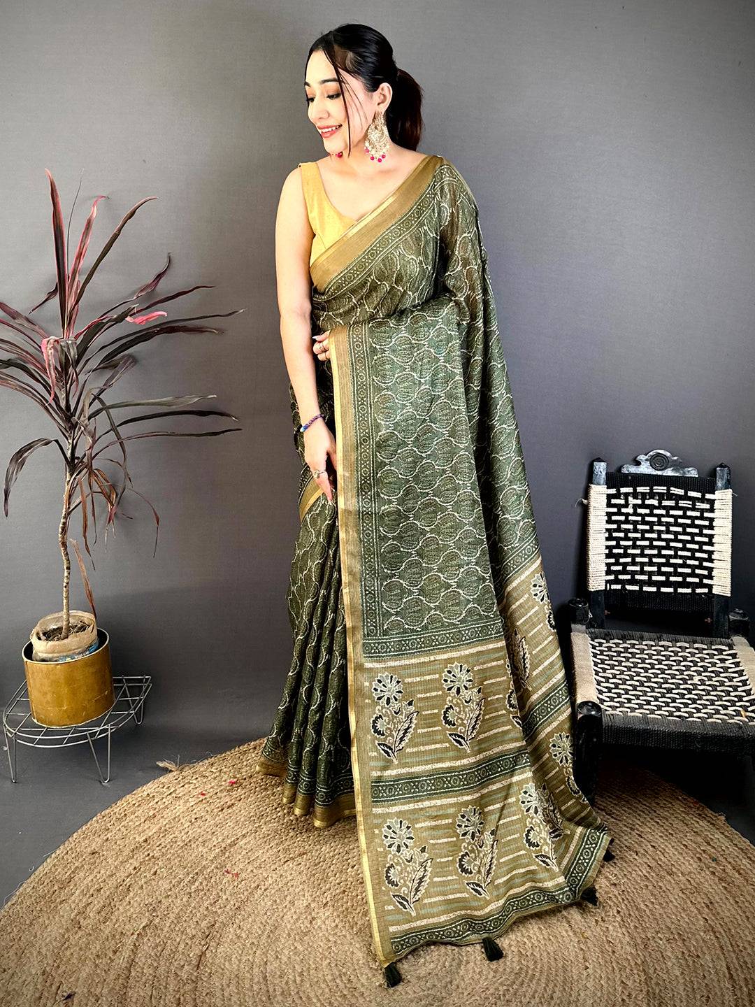 Olive Ajrakh Digital Print Kota Saree