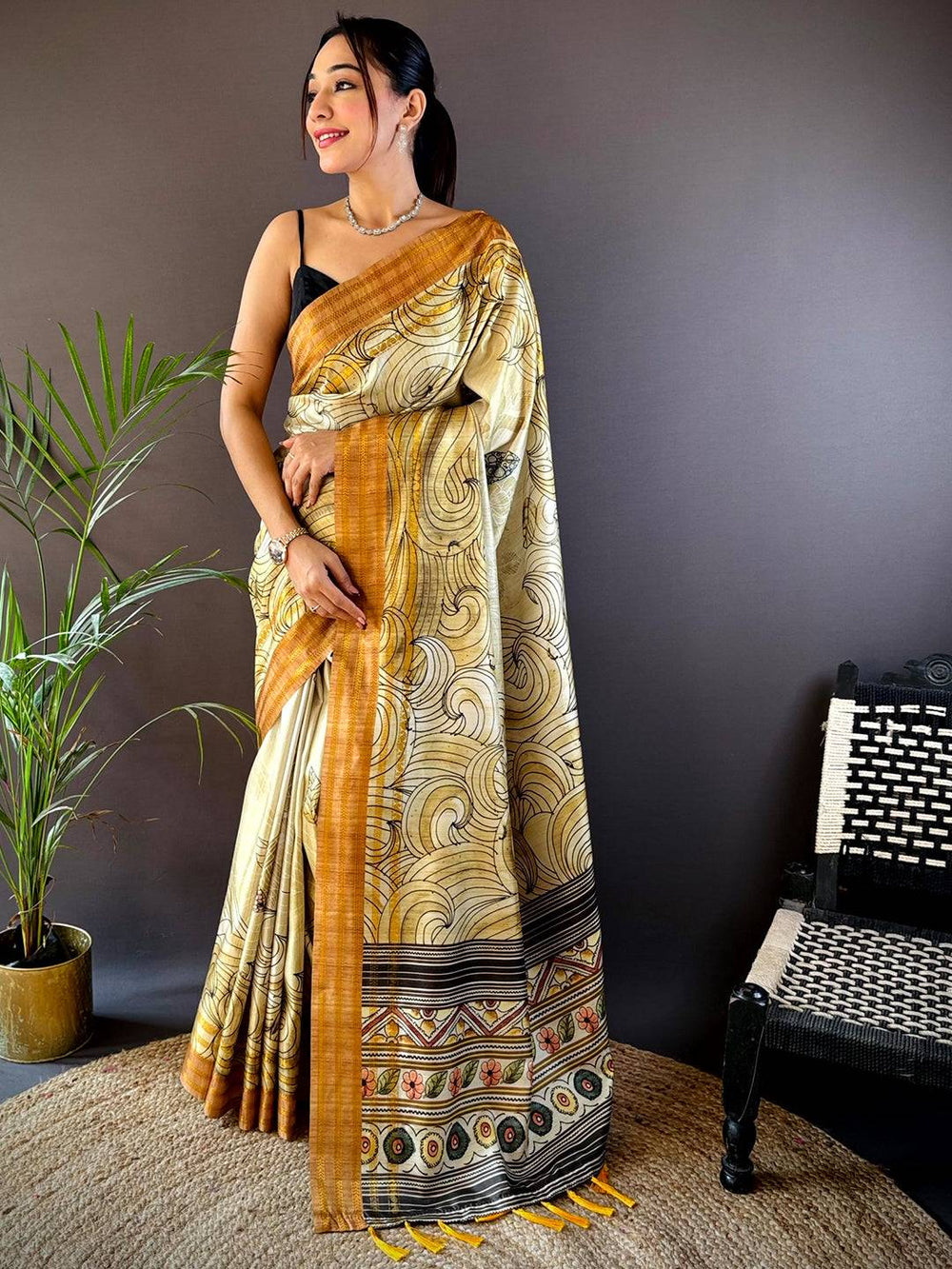 Olive Soft Silk Ocean Wave Patterns Saree