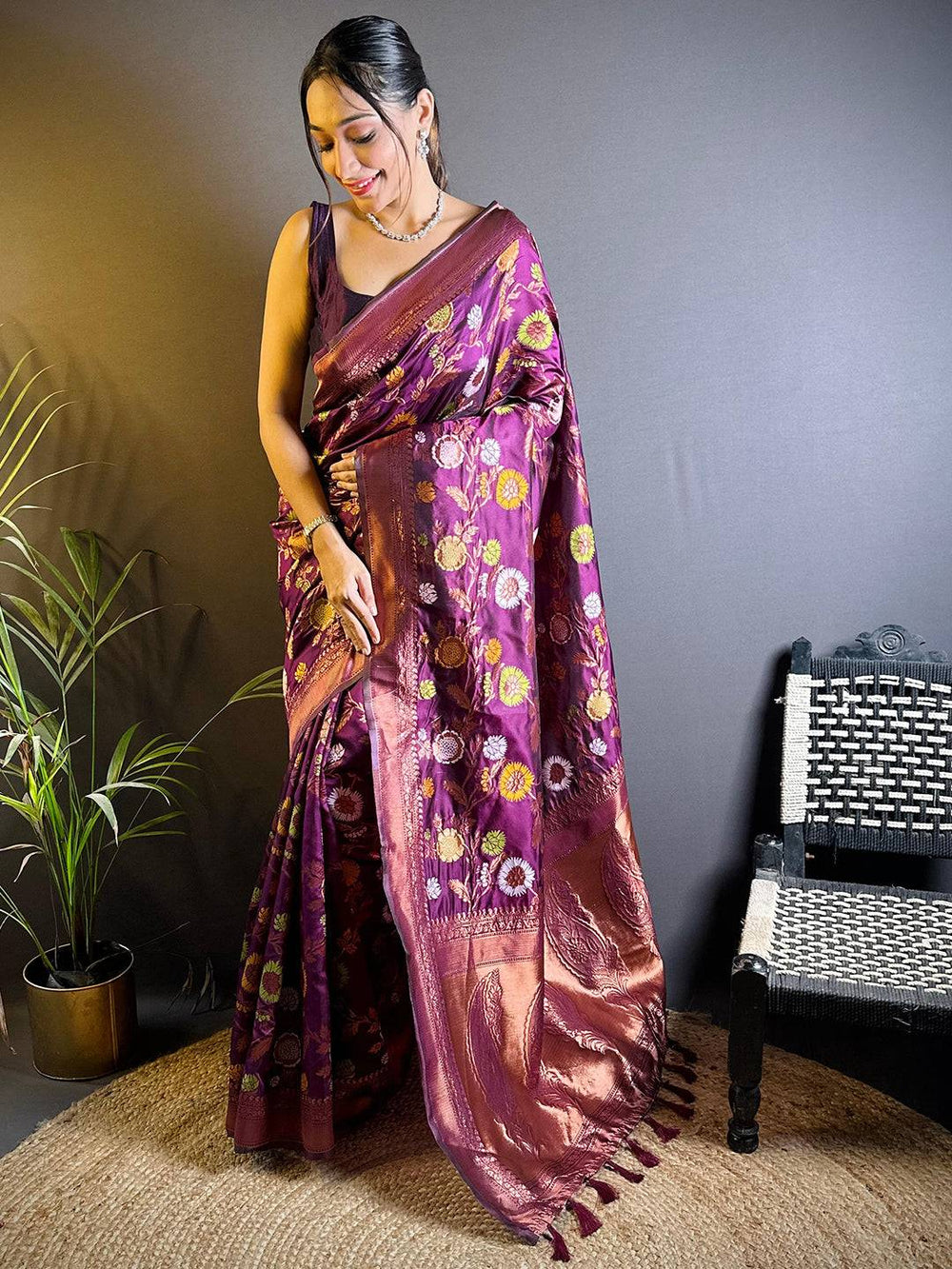 Dark Magenta Banarasi Silk Zari Butta Saree