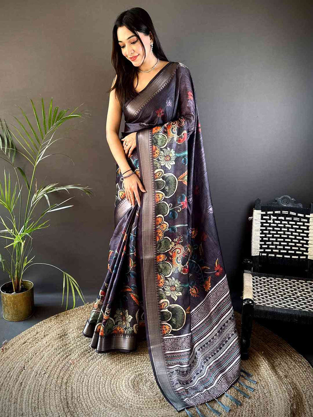 Dark Grey Kota Doriya Zari Weave Digital Print Saree