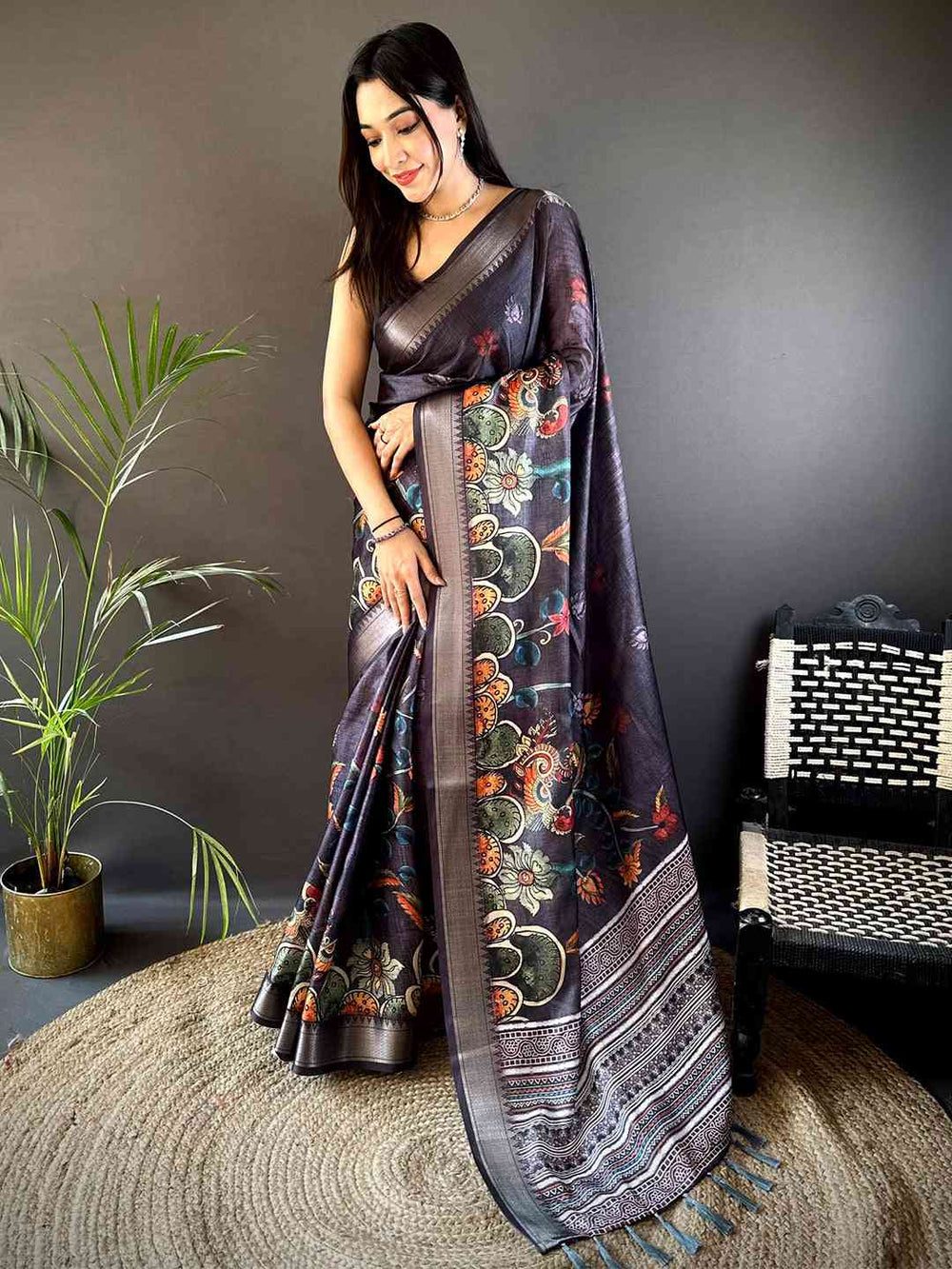 Dark Grey Kota Doriya Zari Weave Digital Print Saree