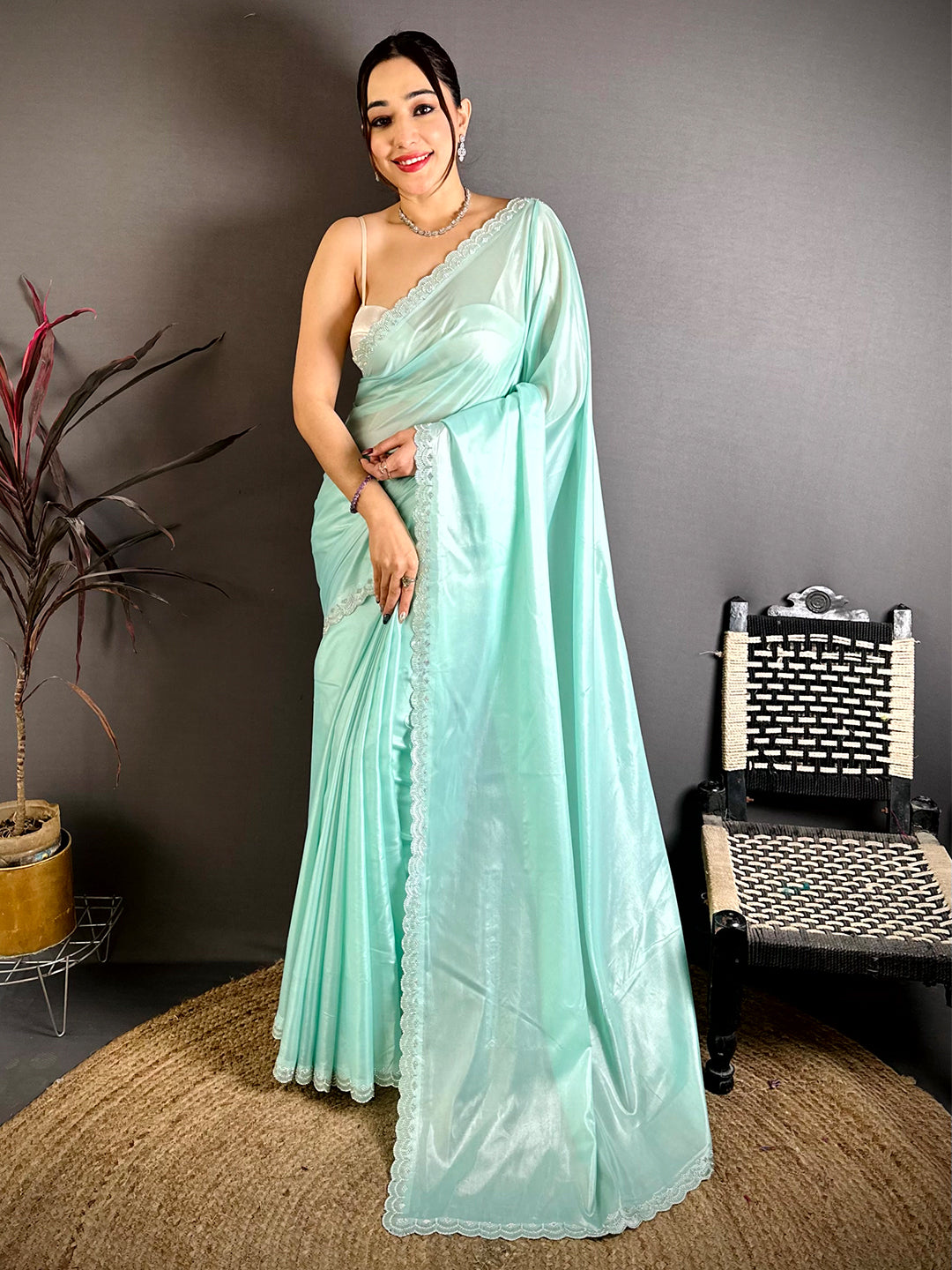 Regal Silver Glass Swarovski Silk Saree