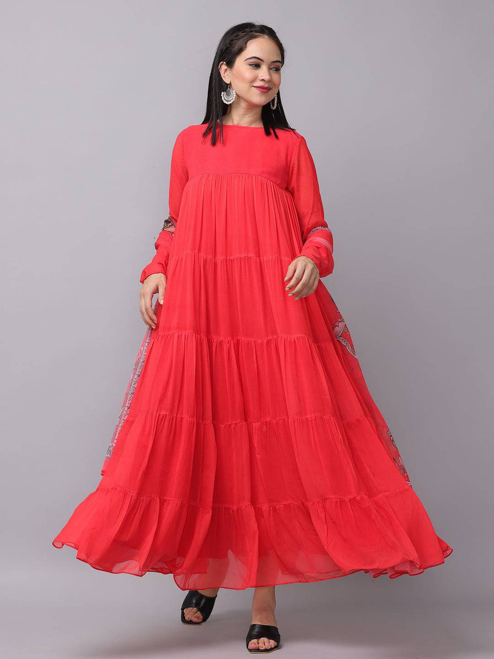Fiery Red Churidar Sleeves Dress front view