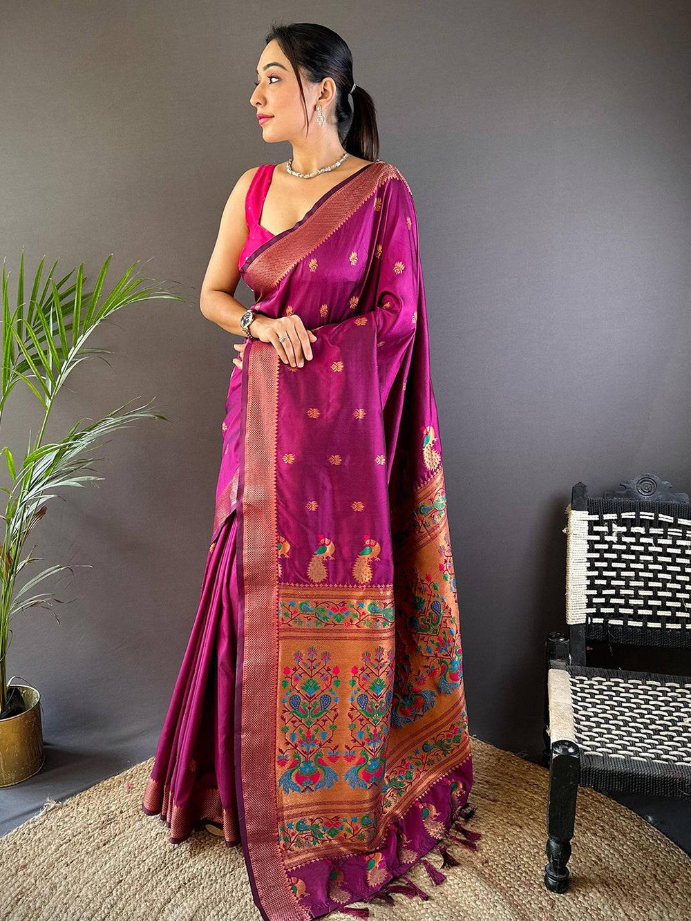 Copper Allure Soft Silk Wine Saree