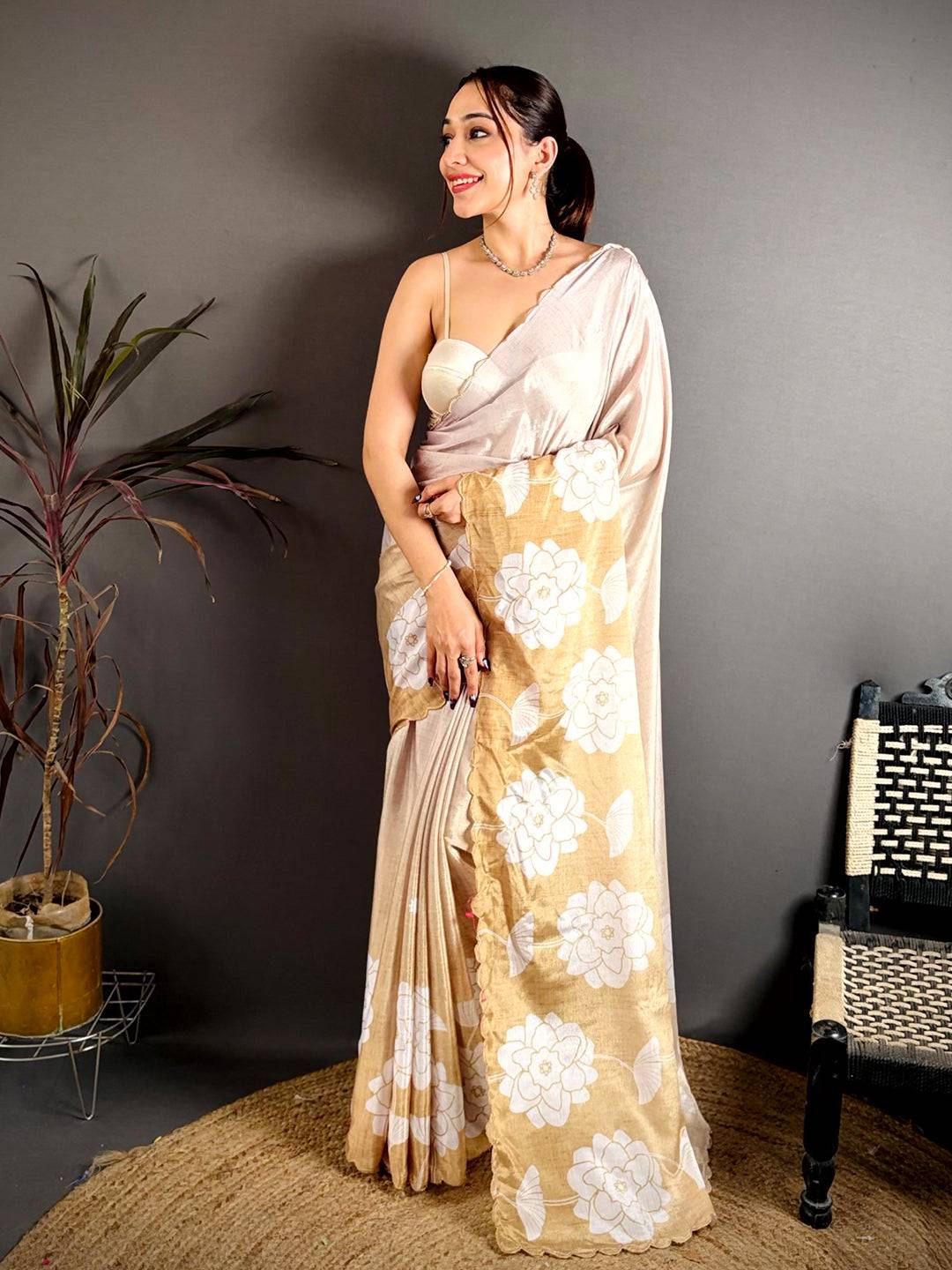 Radiant Floral Print Embroidered Chinnon Saree