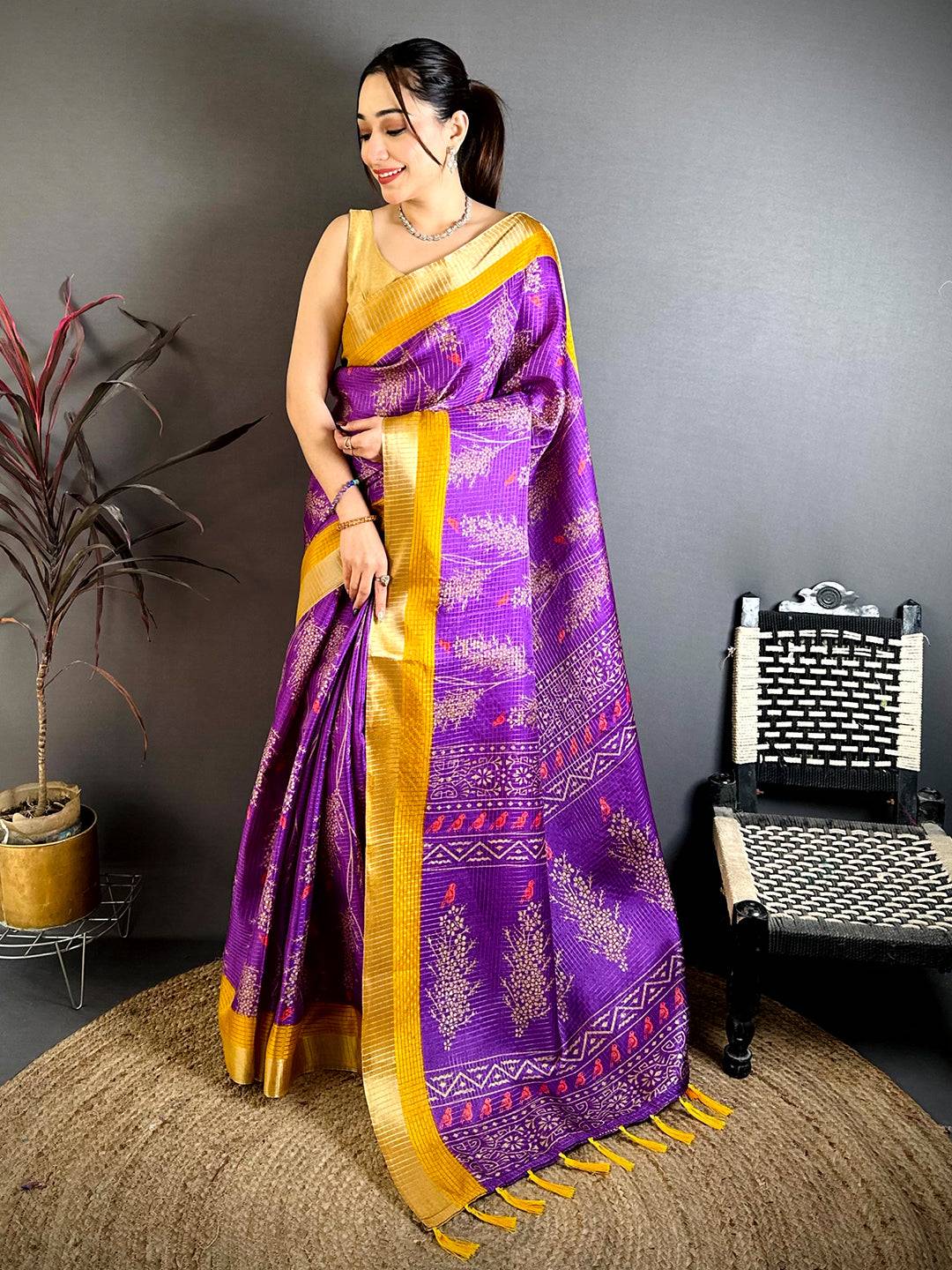 Purple Tussar Zari Chex Bird Motif Saree