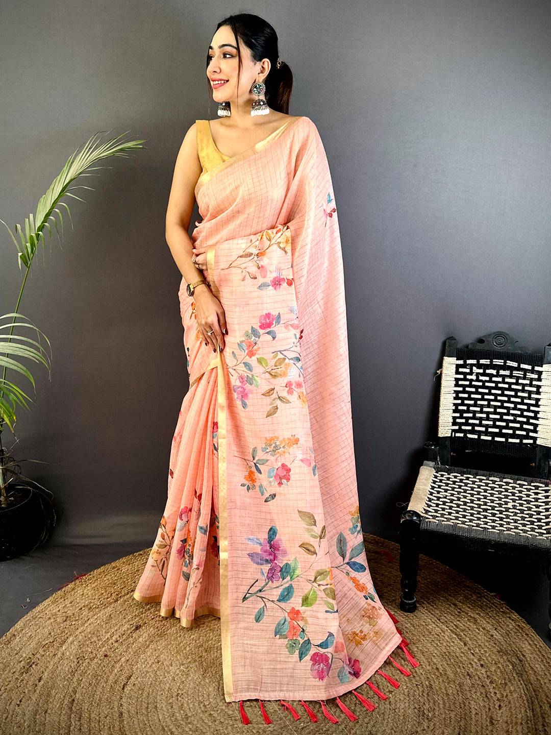 Peach Linen Chex Floral Saree