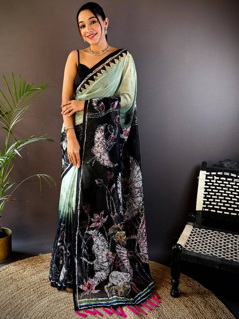Green Georgette Batik Printed Saree