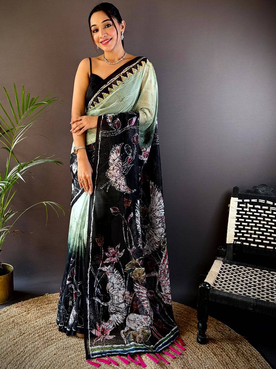Green Georgette Batik Printed Saree