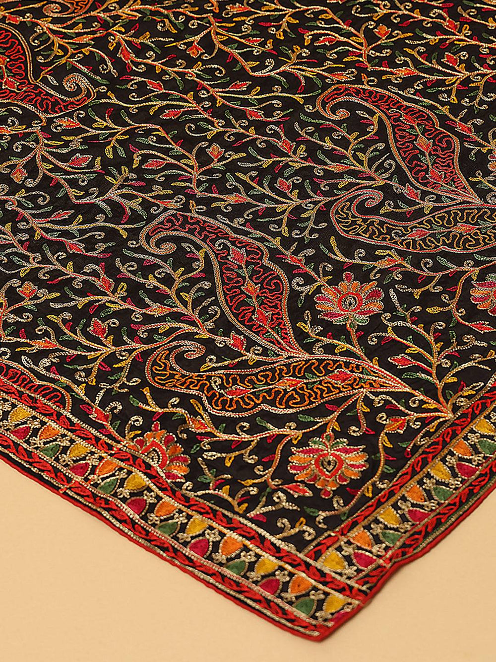 Close-up of black dupatta showcasing detailed threadwork