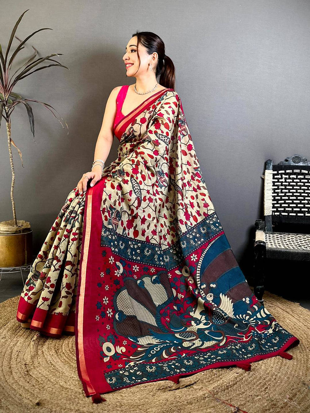 Opulent Mul Cotton Elephant Kalamkari Print Saree