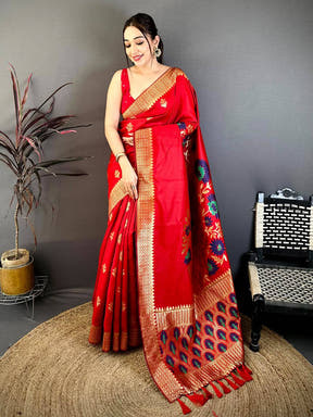 Red Banarasi Katan Silk Minakari Saree