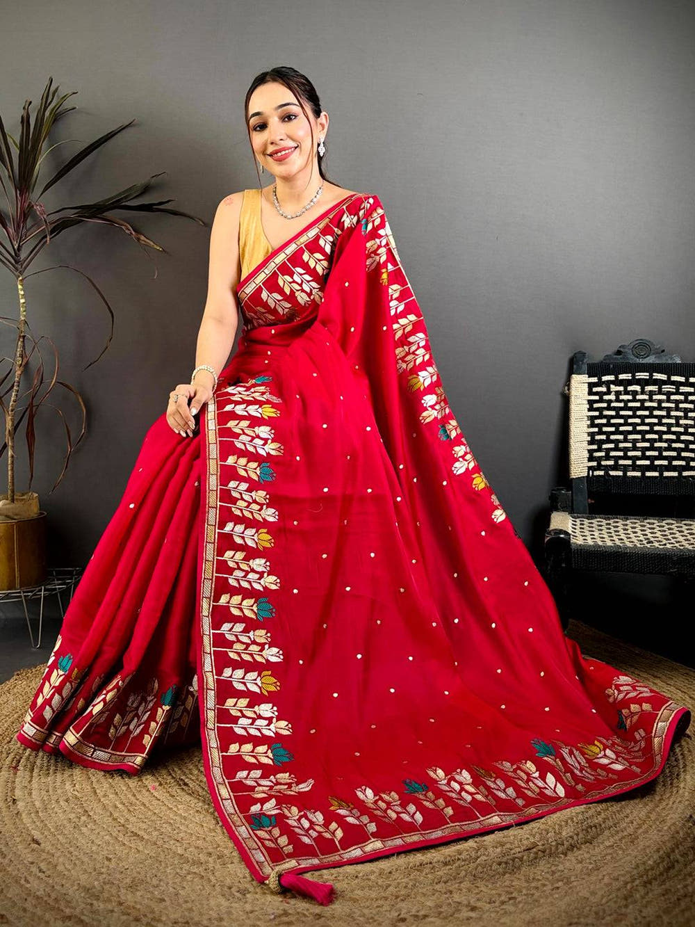 Red Soft Satin Minakari Aari Work Saree