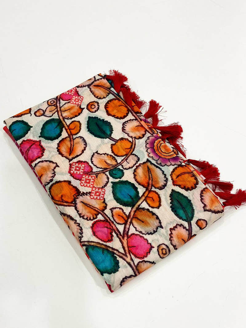 White Linen Floral Kalamkari Print Saree