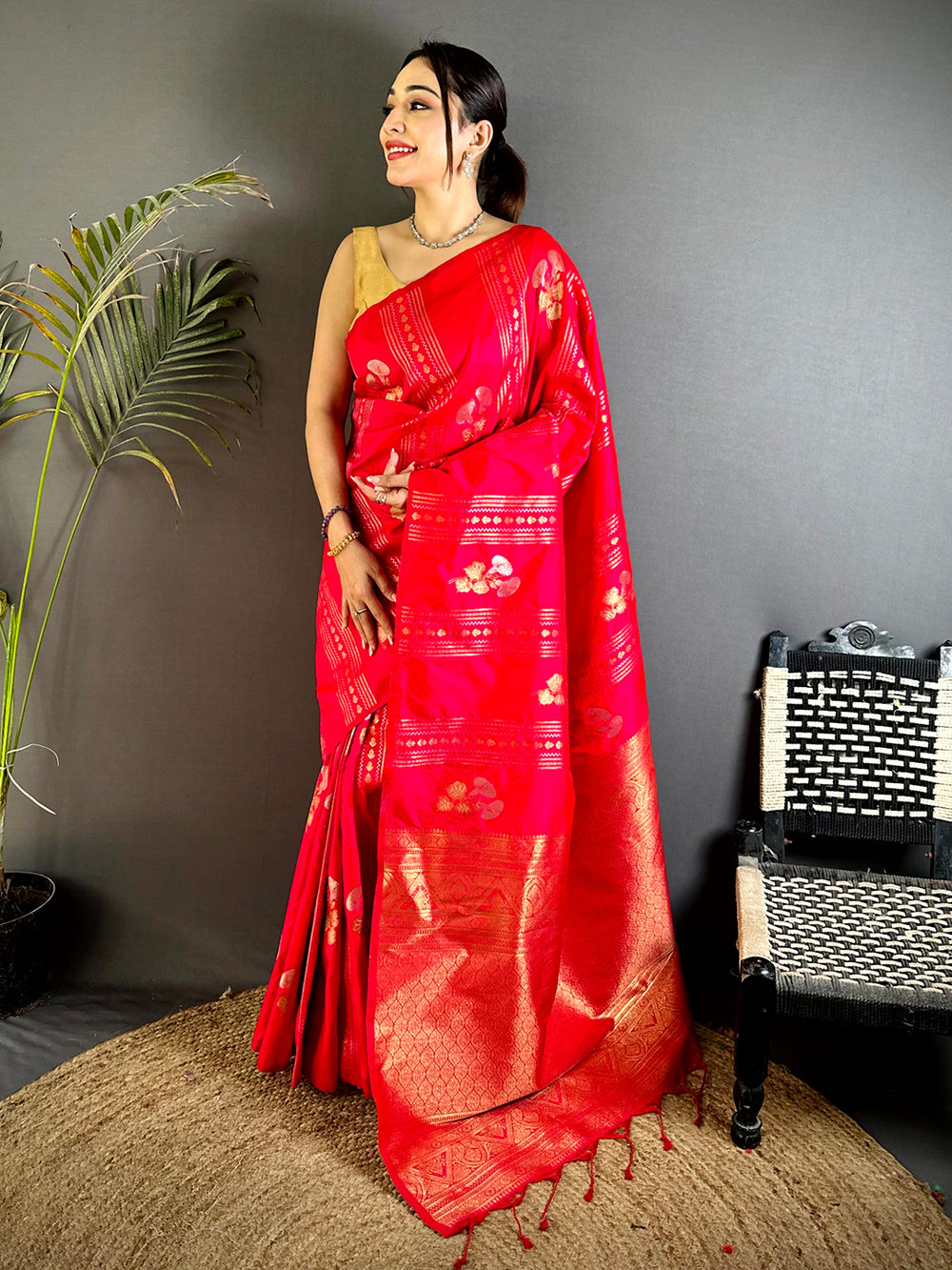 Red Sona Chandi Striped Silk Saree
